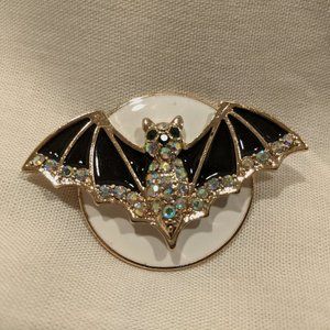 Enameled Rhinestone Halloween Bat & Moon Brooch